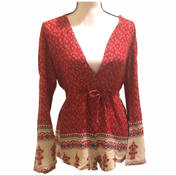 Songyang Pants - Red Floral Plunge Neck Romper